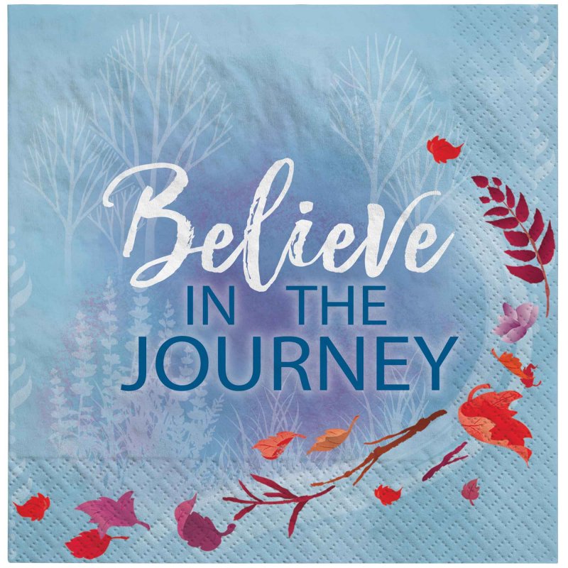 Colorful Frozen 2 beverage napkins featuring 'Believe In The Journey' quote, perfect for themed parties and gatherings.