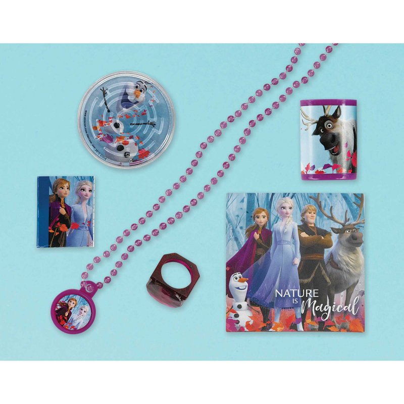 Frozen 2 Mega Mix Favors Pack of 48 includes stickers, notebooks, puzzles, necklaces, viewers, and rings for magical celebrations.