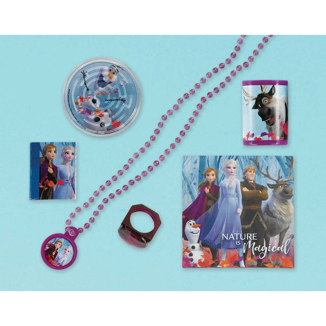 Frozen 2 Mega Mix Favors Pack of 48 includes stickers, notebooks, puzzles, necklaces, viewers, and rings for magical celebrations.