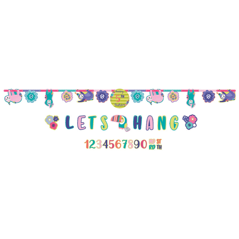 Vibrant sloth-themed birthday banners, customizable with ages 0-9, perfect for children’s parties.