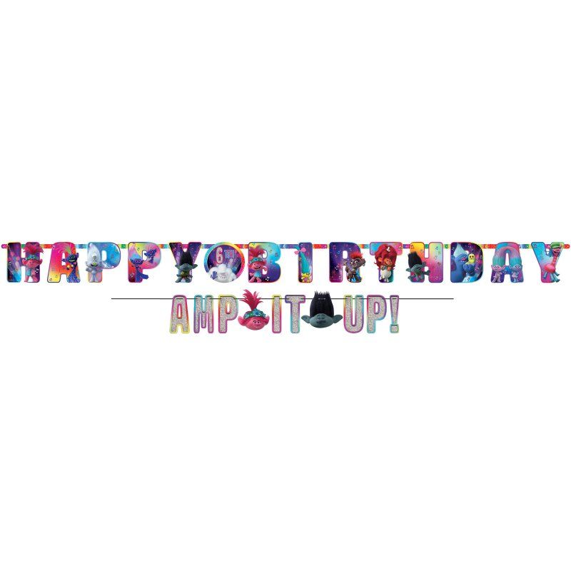 Trolls World Tour Add-An-Age Jumbo Letter Banner Kit with colorful age numbers and double-sided tape for celebrations.