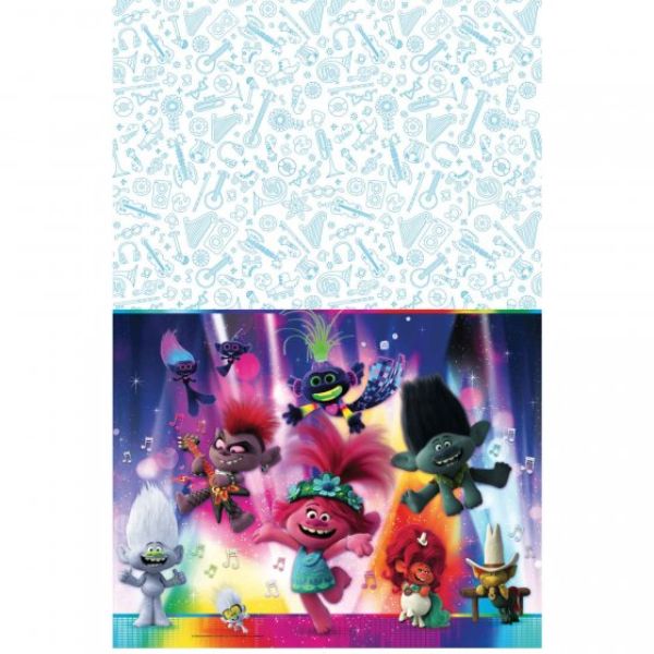Vibrant Trolls World Tour Plastic Tablecover featuring favorite characters, ideal for festive birthday parties and gatherings.