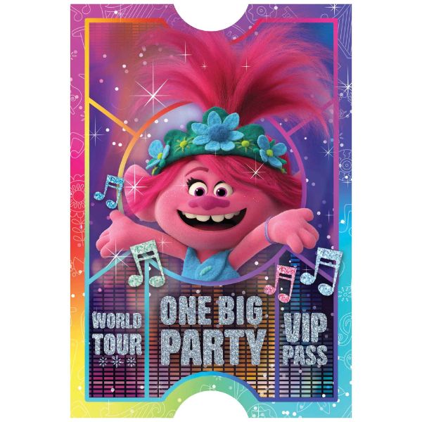 Colorful Trolls World Tour postcard invitations packed for lively birthday parties and themed events, designed for fun gatherings.