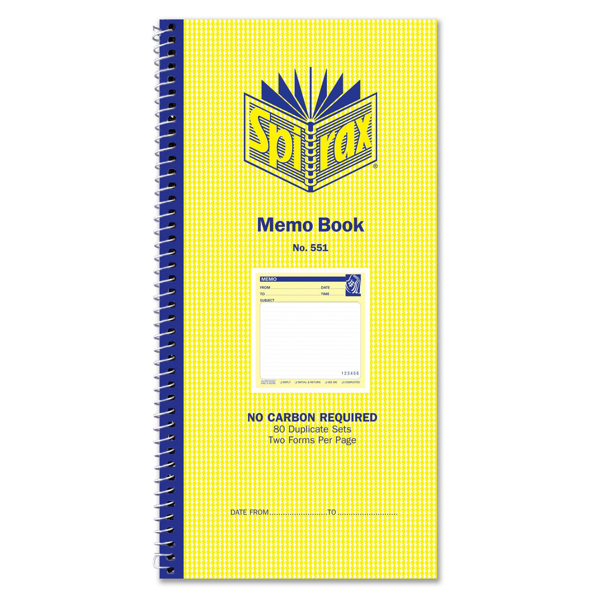 Spirax 551 Memo book with 80 duplicate sets, spiral binding, and protective board for clear records.