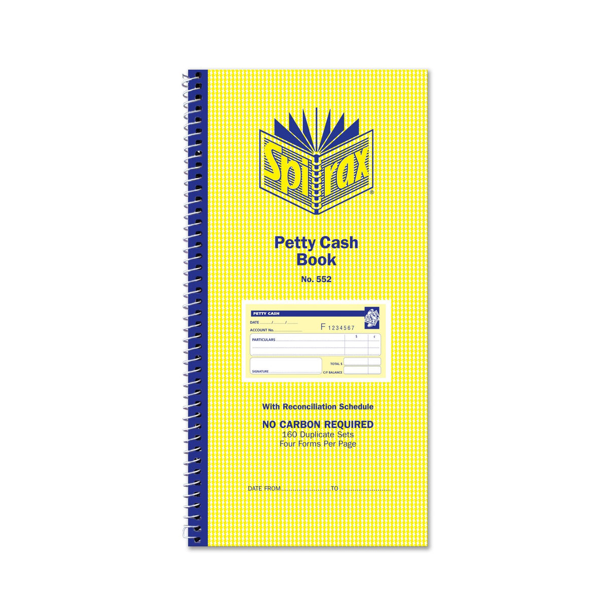 Spirax 552 Petty Cash Book, 279x144mm, featuring NCR paper, spiral binding, and 160 duplicate sets for easy cash tracking.