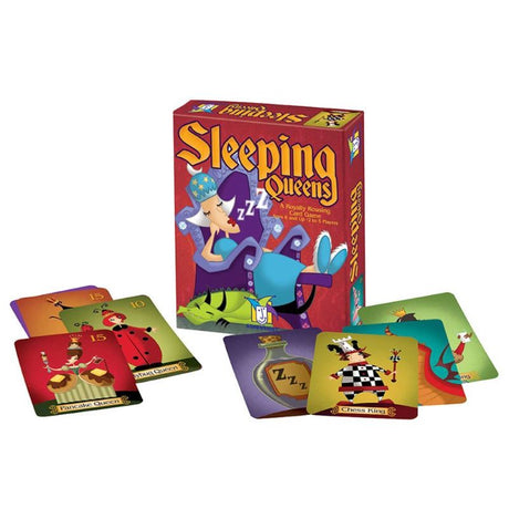 Sleeping Queens card game featuring whimsical illustrations of queens and playful characters for family fun and strategy.