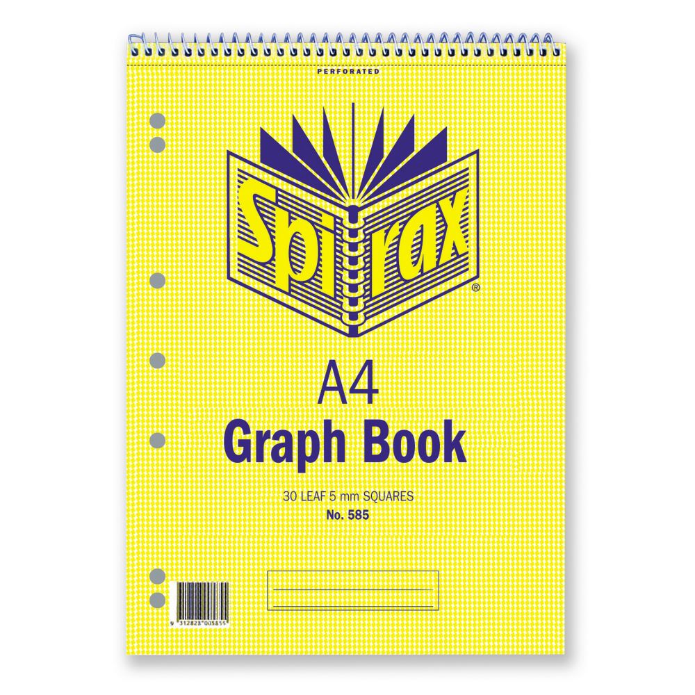 Spirax 585 Graph Book A4 with 5mm grid, 30 perforated leaves, spiral-bound, ideal for notes and diagrams.