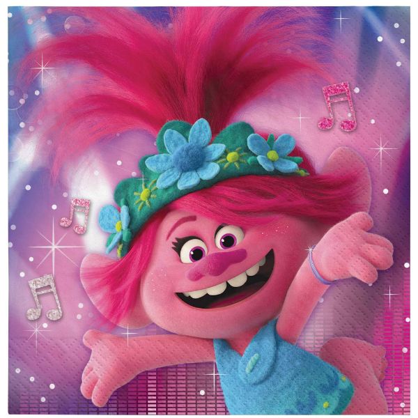 Colorful Trolls World Tour lunch napkins featuring beloved characters, perfect for parties and gatherings. Pack of 16.