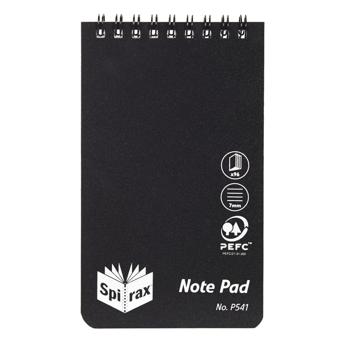 Spirax P541 pocket notebook with 96 ruled pages, sturdy black cover, and silver icons for organized writing.