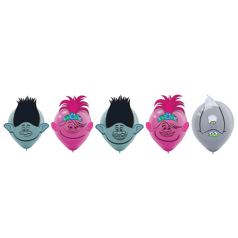 Colorful Trolls-themed latex balloons (30cm, pack of 6) perfect for children's party decorations and celebrations.