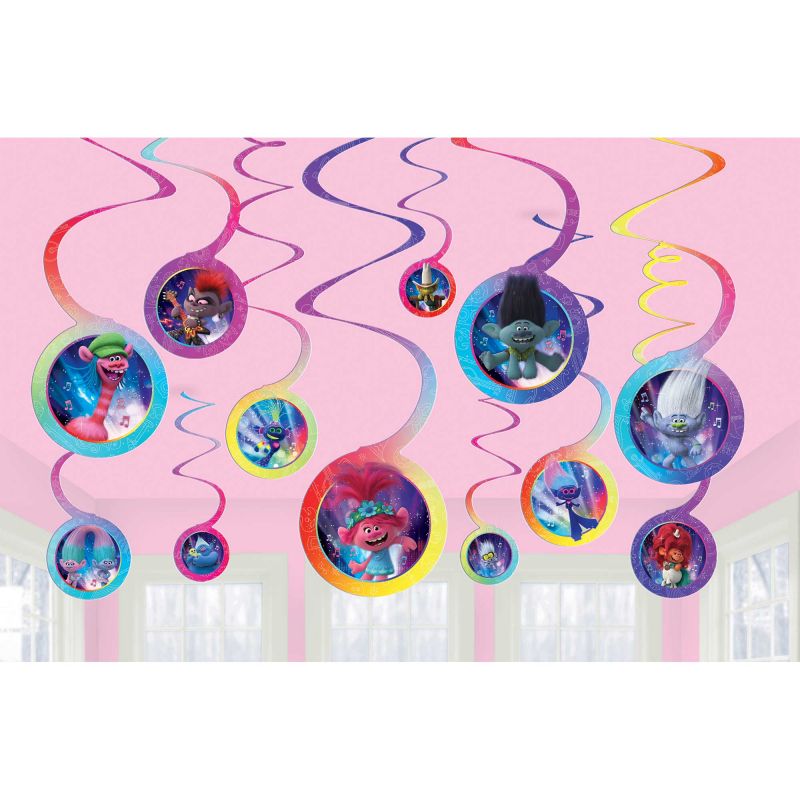 Colorful Trolls World Tour spiral hanging decorations, perfect for vibrant party themes, pack of 12 durable cardboard cutouts.