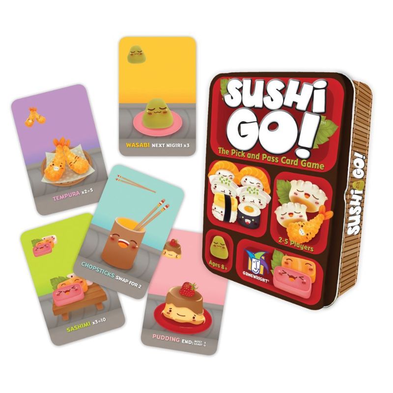 Colorful Sushi Go! card game featuring sushi dishes for fun, strategic gameplay with friends and family.