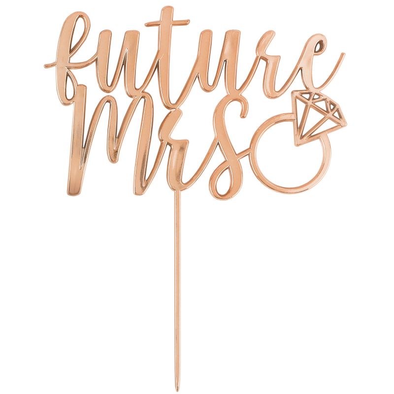 Elegant blush wedding cake topper in rose gold, featuring 'Future Mrs' design; perfect for brides on their special day.