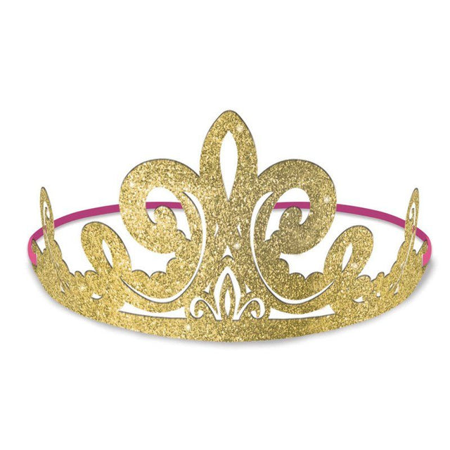 Pack of 8 Disney Princess glittered tiaras made of cardboard, each measuring 9cm x 15cm.