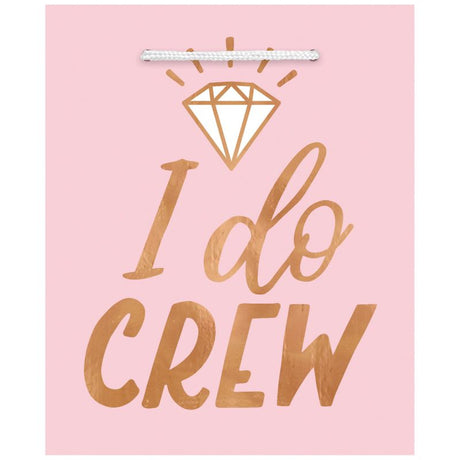 Blush wedding gift bags featuring 'I Do Crew' hot stamp, elegant for bridal party gifts, pack of 6.