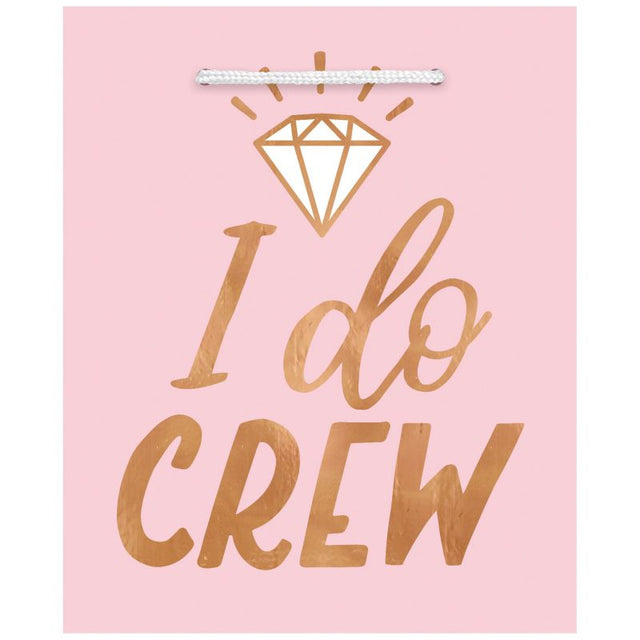 Blush wedding gift bags featuring 'I Do Crew' hot stamp, elegant for bridal party gifts, pack of 6.