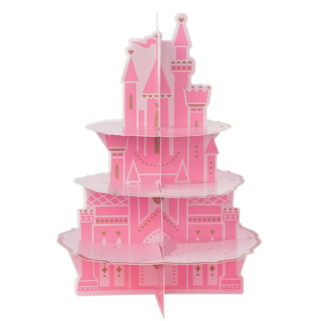 Three-tier Disney Princess castle treat stand, perfect for showcasing cupcakes and candies at themed parties.