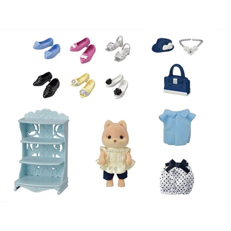 Sylvanian Families Shoe Shop Playset with Melanie Caramel, featuring stylish shoes and outfits for imaginative fashion play.