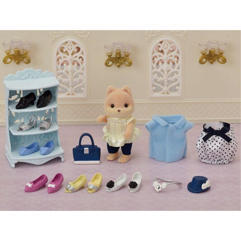 Sylvanian Families Shoe Shop Playset featuring designer Melanie Caramel, showcasing elegant shoes and stylish accessories.