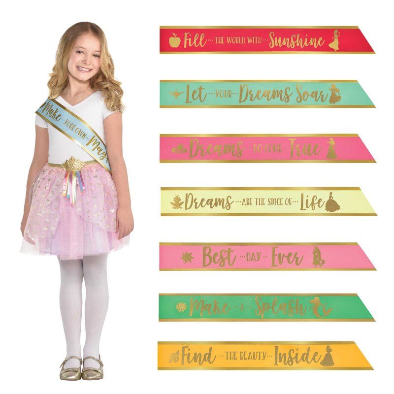 Set of 8 Disney Princess sashes featuring vibrant foil designs of Cinderella, Ariel, and Belle for festive celebrations.