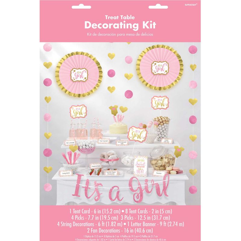 Baby Shower Pink Buffet Decorating Kit with tent cards, picks, string decorations, banner, and fan decorations for a festive celebration.