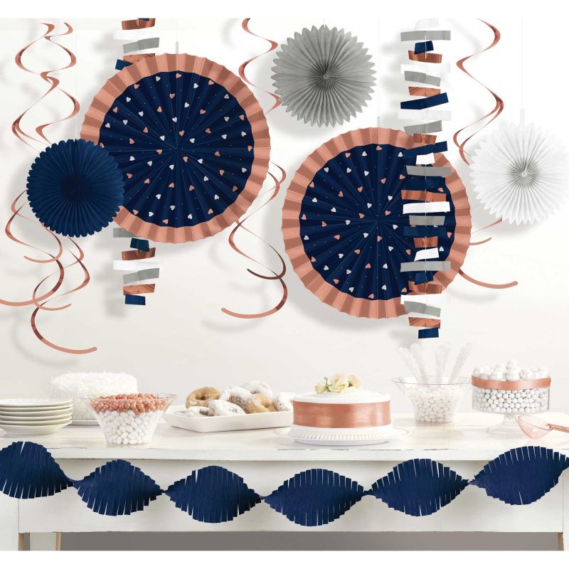 Navy Bride Room Decorating Kit with garlands, fans, and swirls for elegant nautical-themed bridal celebrations.