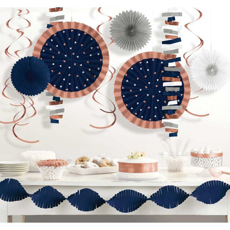 Navy Bride Room Decorating Kit with garlands, fans, and swirls for elegant nautical-themed bridal celebrations.