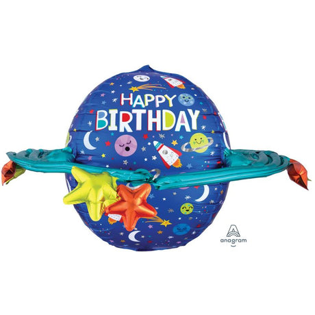 Colorful galaxy-themed foil balloon for birthday celebrations, measures 73cm x 50cm, self-sealing and eye-catching.