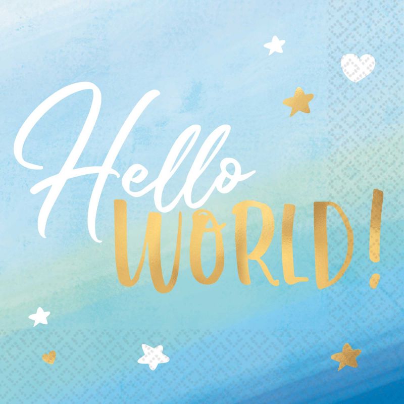 Oh Baby Boy lunch napkins with 'Hello World' hot stamped design, perfect for baby showers and celebrations, pack of 16.