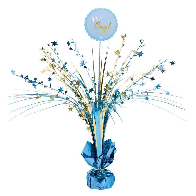 Charming 45cm baby shower centerpiece with blue sprays and stars, perfect for celebrating a little prince's arrival.