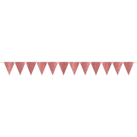 Glittered rose gold pennant banner, 6.09m long with 12 sparkling pennants, perfect for celebrations and events.
