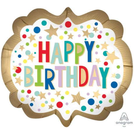 Oversized gold satin marquee dots balloon for elegant birthday celebrations, measuring 63cm x 55cm, self-sealing for easy use.