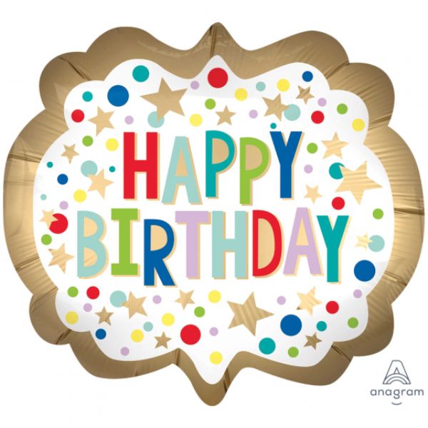 Oversized gold satin marquee dots balloon for elegant birthday celebrations, measuring 63cm x 55cm, self-sealing for easy use.