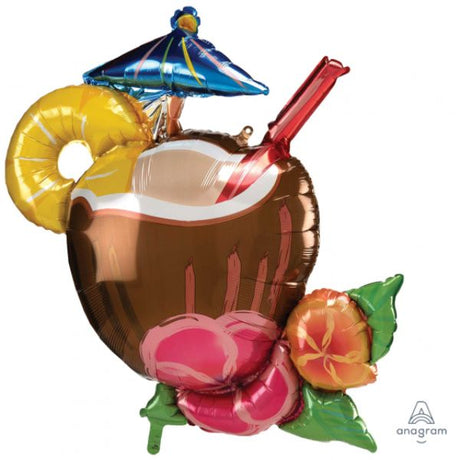 Vibrant SuperShape XL Coconut Pina Colada Drink Balloon for tropical parties, 76cm x 71cm self-sealing design.