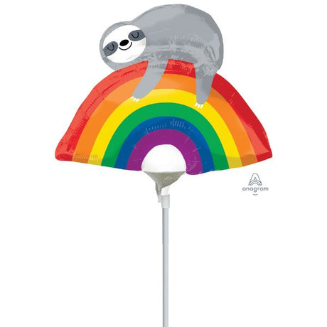 Mini Rainbow Sloth foil balloon, perfect for kids' parties and celebrations, designed for air inflation and heat sealing.