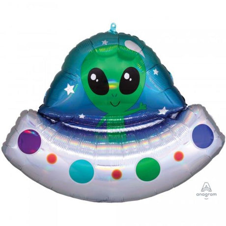 Iridescent holographic alien spaceship balloon, 71cm x 53cm, perfect for space-themed celebrations and parties.