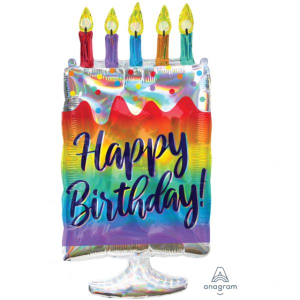 Holographic iridescent Happy Birthday cake balloon, 38cm x 76cm, perfect for festive celebrations and party decor.