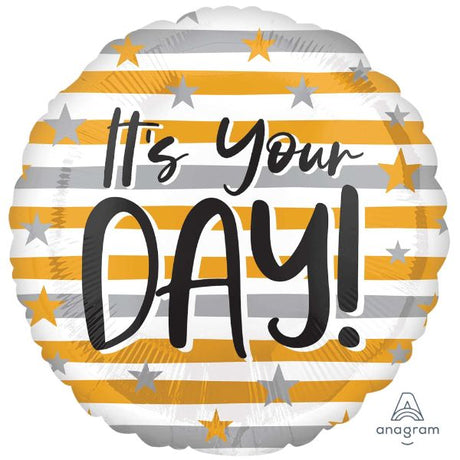 45cm gold and silver striped self-sealing foil balloon for celebrations, birthdays, and upscale events.