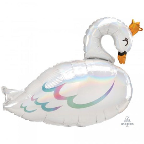 Gorgeous 73cm iridescent swan balloon with holographic colors, perfect for elegant party decor and eye-catching centerpieces.