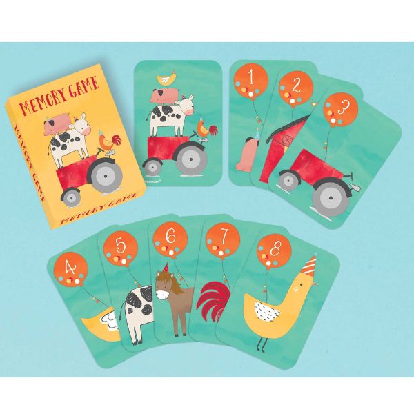 Pack of 8 colorful playing cards featuring farm animals for a fun, memory-boosting birthday game.