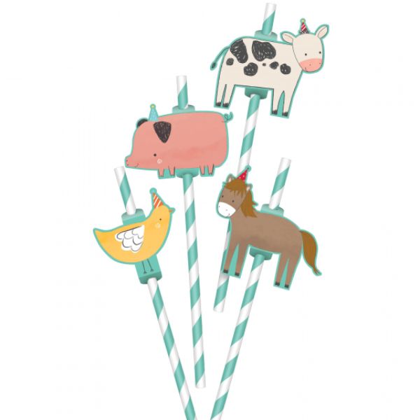 Colorful Barnyard Birthday Straws with animal add-ons, perfect for farm-themed kids' parties and eco-friendly fun.