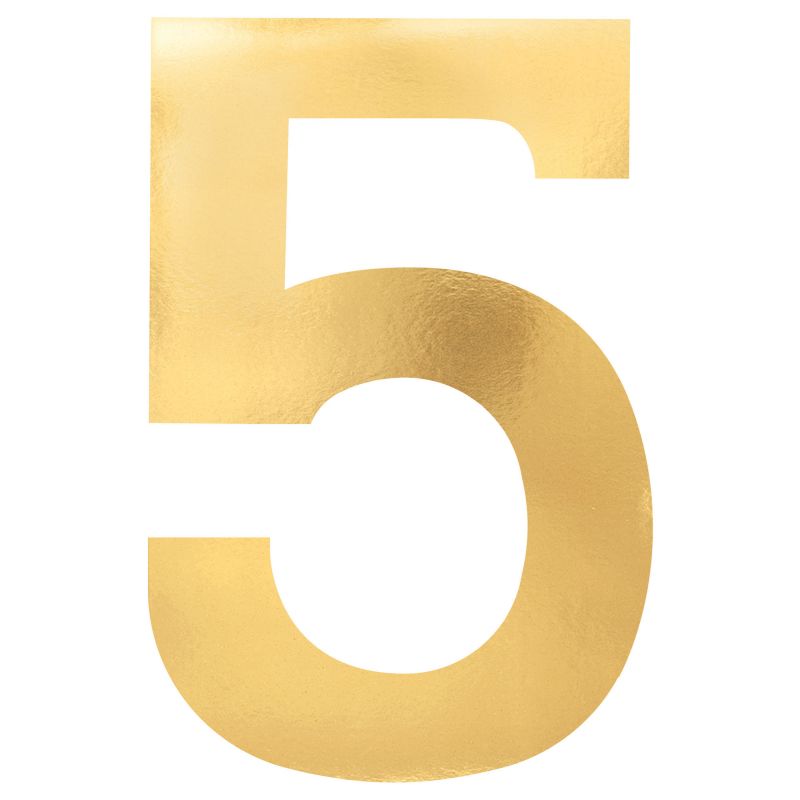 Pack of 6 Small Gold Foil Cutouts of Number 5, perfect for elegant party decor and celebrations.