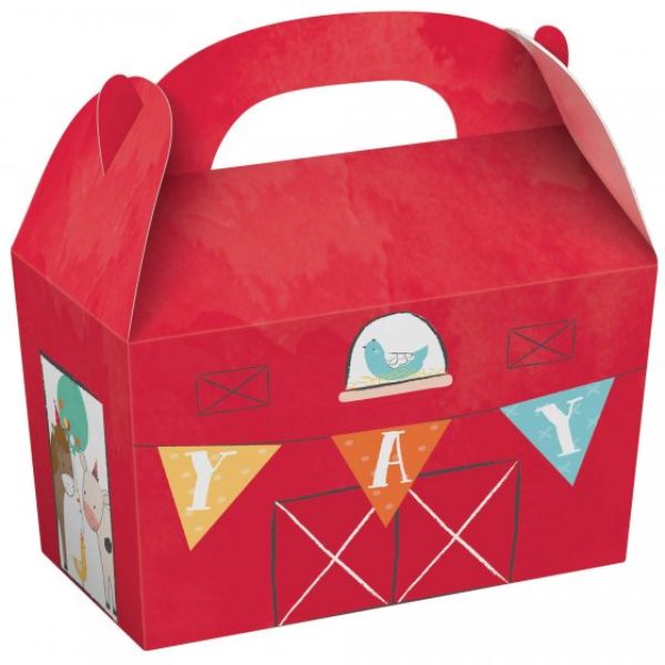 Colorful barnyard treat boxes, pack of 8, perfect for snacks and favors at kids' birthday parties.