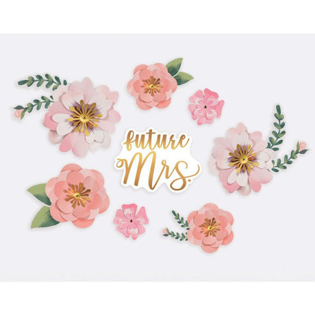 Mint to Be floral backdrop kit with various flower cutouts in mint and pastel colors for decoration.