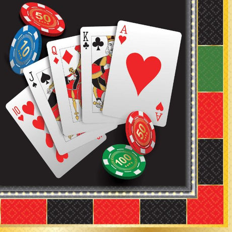Pack of 16 vibrant casino-themed napkins featuring playful dice design, perfect for drinks at game nights and parties.