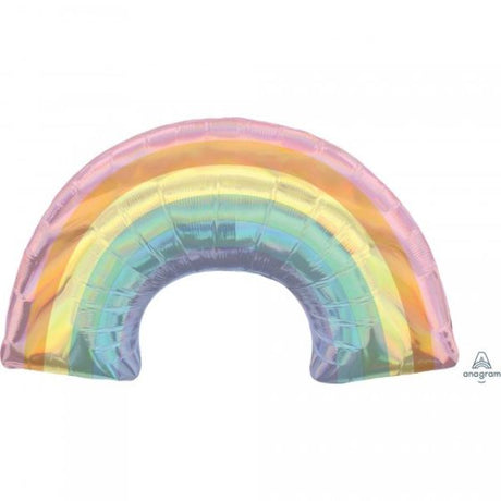Vibrant SuperShape holographic pastel rainbow balloon, 86cm x 48cm, perfect for birthdays and parties, featuring an iridescent finish.