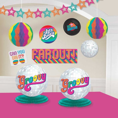 Vibrant Good Vibes 70's Room Decorating Kit with garland, centerpieces, and cutouts for retro-themed parties.