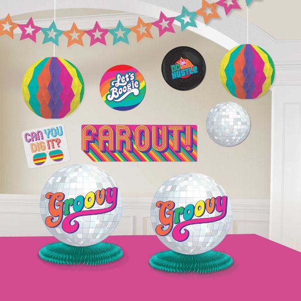 Vibrant Good Vibes 70's Room Decorating Kit with garland, centerpieces, and cutouts for retro-themed parties.