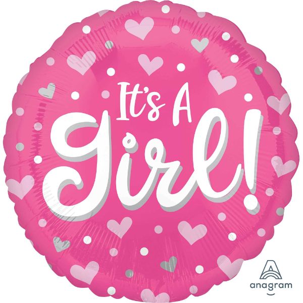 45cm self-sealing foil balloon, decorated with hearts and dots, celebrating 'It's A Girl' theme.