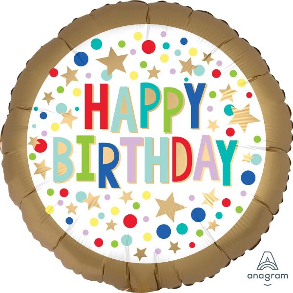45cm gold satin birthday balloon with marquee dots, perfect for creating a festive and elegant celebration.